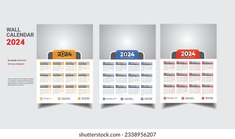 Wall Calendar 2024 Template week start Monday corporate design template vector