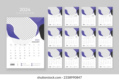 Wall calendar 2024, Vector wall calendar 2024, Corporate and business planner template in English, Week start Sunday, Wall calendar in a minimalist style