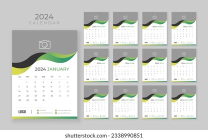 Wall-Kalender 2024, Vektor-Wandkalender 2024, Corporate- und Business-Planer-Vorlage auf Englisch, Wochenbeginn Sonntag, Mauer-Kalender im minimalistischen Stil