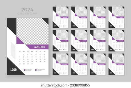 Wall calendar 2024, Vector wall calendar 2024, Corporate and business planner template in English, Week start Sunday, Wall calendar in a minimalist style
