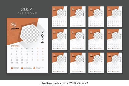 Wall calendar 2024, Vector wall calendar 2024, Corporate and business planner template in English, Week start Sunday, Wall calendar in a minimalist style