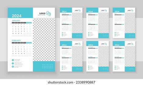 Wall calendar 2024, Vector wall calendar 2024, Corporate and business planner template in English, Week start Sunday, Wall calendar in a minimalist style