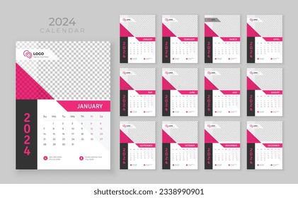 Wall calendar 2024, Vector wall calendar 2024, Corporate and business planner template in English, Week start Sunday, Wall calendar in a minimalist style