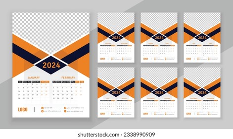 Wall calendar 2024, Vector wall calendar 2024, Corporate and business planner template in English, Week start Sunday, Wall calendar in a minimalist style