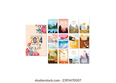Wall calendar. 2024 Yearly Planner with all Months. hand drawn landscape background. Flat vector illustration in trendy style