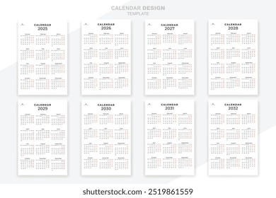 Wall calendar 2025 - 2032 years simple unique set collection design template