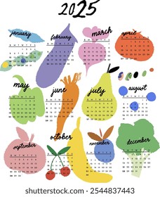 Wall Calendar 2025. Cute printable creative template with vegetables fruits and berries