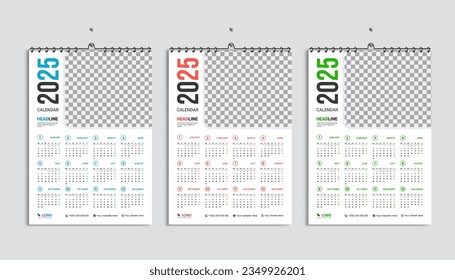 Wall calendar 2025 design template, week starting from Monday. Clean, elegant template schedule planner, abstract gradient color luxury concept, perfect use in home school college and office