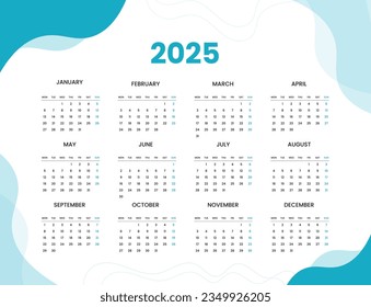Plantilla de diseño del calendario de pared 2025, semana que comienza a partir del lunes. Planificación de horarios de plantilla limpia y elegante, concepto de lujo de color de gradiente abstracto, uso perfecto en la universidad y oficina del hogar