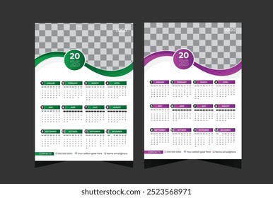 Modelo de design 2025 do calendário de paredes, semana a partir de segunda-feira. Limpa, planejador de cronograma de modelo elegante, conceito de luxo de cor de gradiente abstrato, uso perfeito em casa, escola, faculdade e escritório.