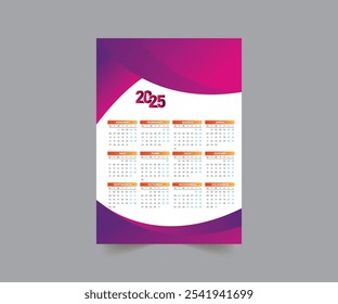 Wall calendar 2025 design template, week starting from Monday. Clean, elegant template schedule planner, abstract gradient color luxury concept, perfect use in home school college and office