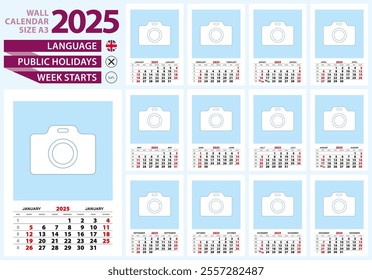 Wall calendar 2025 size A3. English language, week start from Sunday.