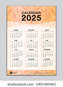 Plantilla de calendario de pared 2025 sobre fondo de polígono anaranjado, diseño de calendario 2025, diseño de calendario de escritorio 2025, Semana de inicio domingo, volante, Conjunto de 12 meses, organizador, planificador, medios de impresión