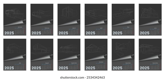 Calendário de 2025. Ilustração vetorial. Esboço para criatividade.