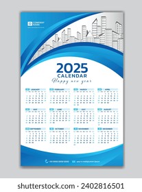 Wall calendar 2025 year blue template vector with Place for Photo and Logo. Week Starts on sunday. desk calendar  2025 design, Set of 12 Months, printing media, poster, calendar 2025 design