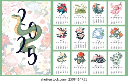 Calendario de pared para 2025 Año de la serpiente por mes. Diseño del calendario de escritorio con el símbolo del año nuevo chino y flores de floración de temporada Cubierta y diseño de cada mes Tipografía para impresión, Anuncio