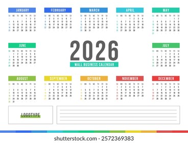 Wall Calendar 2026, 2026 Business Calendar, Colorful One Page Annual Planner with Notes Section, Professional and Modern Design, Ready to Print and Edit