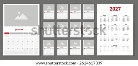 Wall calendar 2026 with space for photo, plus annual calendar 2027, week starts on Sunday