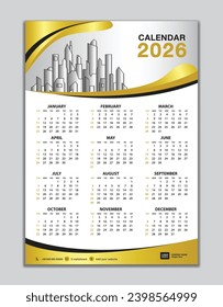 Wall calendar 2026 template, calendar 2026 design, gold wave background, desk calendar 2026 design, Week start Sunday, flyer, Set of 12 Months, Week starts Sunday, organizer, planner, printing media