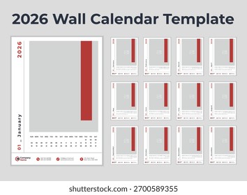 Calendario de pared 2026, 2026 calendario diseño de Plantilla 