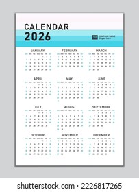 Plantilla de calendario de pared 2026, diseño de calendario de escritorio 2026, Domingo de inicio de semana, volante de negocios, Juego de 12 meses, Comienzo de semana domingo, organizador, planificador, medios de impresión, diseño de calendario pastel