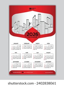 Wall calendar 2026 year red template vector with Place for Photo and Logo. Week Starts on sunday. desk calendar  2026 design, Set of 12 Months, printing media, poster, calendar 2026 design