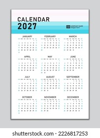Wall calendar 2027 template, desk calendar 2027 design, Week start Sunday, business flyer, Set of 12 Months, Week starts Sunday, organizer, planner, printing media, calendar design pastel concept