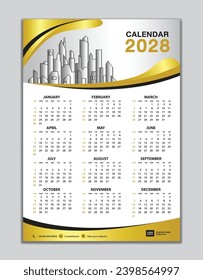 Wall calendar 2028 template, calendar 2028 design, gold wave background, desk calendar 2028 design, Week start Sunday, flyer, Set of 12 Months, Week starts Sunday, organizer, planner, printing media