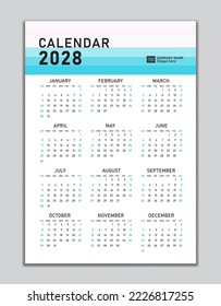 Wall calendar 2028 template, desk calendar 2028 design, Week start Sunday, business flyer, Set of 12 Months, Week starts Sunday, organizer, planner, printing media, calendar design pastel concept