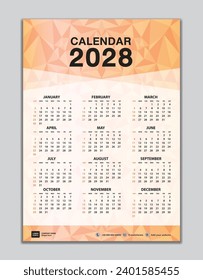 Wall calendar 2028 template on orange polygon background, calendar 2028 design, desk calendar 2028 design, Week start Sunday, flyer, Set of 12 Months, organizer, planner, printing media