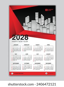 Wall calendar 2028 year red polygon template vector with Place for Photo and Logo. Week Starts on sunday. desk calendar 2028 design, Set of 12 Months, printing media, poster, calendar 2028 design