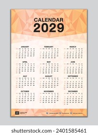 Wall calendar 2029 template on orange polygon background, calendar 2029 design, desk calendar 2029 design, Week start Sunday, flyer, Set of 12 Months, organizer, planner, printing media