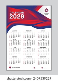 Wall calendar 2029 template on red wave background, calendar 2029 design, desk calendar 2029 design, Week start Sunday, flyer, Set of 12 Months, organizer, planner, printing media