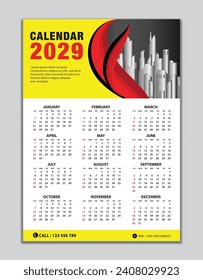 Wall-Kalender 2029 Vorlage auf gelbem Hintergrund, Kalender 2029-Design, Schreibtischkalender 2029, Wochenbeginn Sonntag, Flyer, Set von 12 Monaten, Veranstalter, Planer, Druckmedien