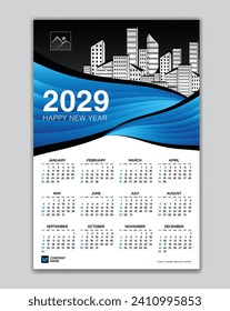 Wall calendar 2029 year blue wave template vector with Place for Photo and Logo. Week Starts on sunday. desk calendar 2029 design, Set of 12 Months, printing media, poster, calendar 2029 design