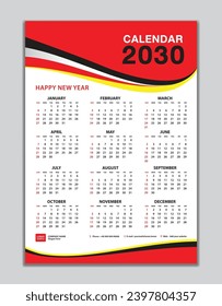 Wall calendar 2030 template, calendar 2030 design, red wave background, desk calendar 2030 design, Week start Sunday, flyer, Set of 12 Months, Week starts Sunday, organizer, planner, printing media