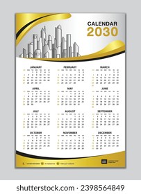 Wall calendar 2030 template, calendar 2030 design, gold wave background, desk calendar 2030 design, Week start Sunday, flyer, Set of 12 Months, Week starts Sunday, organizer, planner, printing media