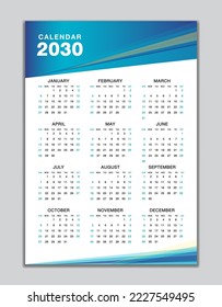 Wall calendar 2030 template, desk calendar 2030 design, Week start Sunday, business flyer, Set of 12 Months, Week starts Sunday, organizer, planner, printing media, calendar design blue background