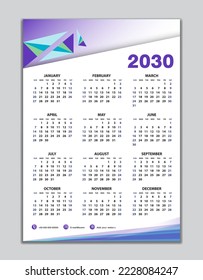 Plantilla de calendario de pared 2030, diseño de calendario de escritorio 2030, Domingo de inicio de semana, volante de negocios, Juego de 12 meses, Comienzo de semana domingo, organizador, planificador, medios de impresión, diseño de calendario fondo morado