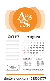 Wall calendar for august 2017 year. Week start sunday, classic grid with numbers. Editable vector template.