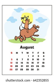 Wall calendar for  August,  2018 with funny dogs. Fun children's illustration in cartoon style. Colorful vector background. Vertical orientation. Week starts Sunday. 