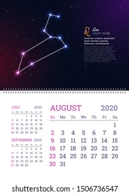 Wall calendar for August 2020 year with leo zodiac constellation. Leo star sign and dates of birth on deep space background. Astrology horoscope with unique personality traits vector illustration