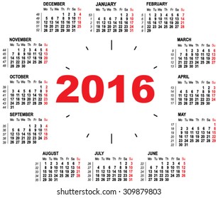 Wall calendar clock 2016. Illustration in vector format
