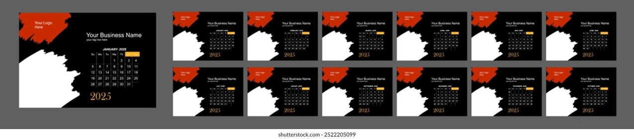  Wall calendar in dark color. Week Starts on Sunday. Monthly calendar template for 2025 year.