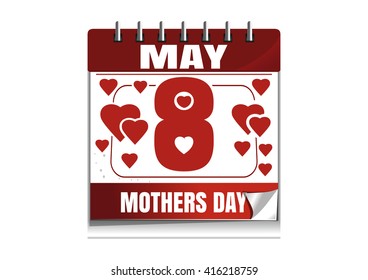 Wall calendar with the date of May 8 isolated on white background. International Mother's Day. Mother's Day calendar. Vector illustration
