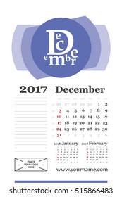 Wall calendar for december 2017 year. Week start sunday, classic grid with numbers. Editable vector template.