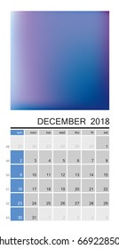 Wall calendar for December 2018 year. Multicolored page. Week start sunday, classic grid, english. Editable vector template for web and print design.