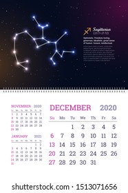 Wall calendar for December 2020 year with Sagittarius zodiac constellation. Sagittarius star sign and dates of birth on space background. Astrology horoscope with personal traits vector illustration