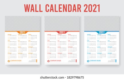 Wall Calendar Design 2021, One Page Wall Calendar with Place Photo, Company Logo and 3 color variation Red, Orange, Blue. 2021 new year calendar