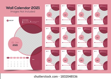 Wall Calendar Design 2021, 2021 сalendar design. Set of 12 months. The week starts on Sunday. Monthly Wall Calendar 2021, Abstract artistic vector illustrations.	